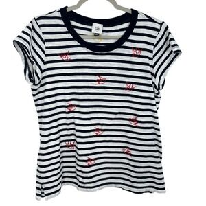 Cabi Striped T Shirt Womens Medium Red Birds Embroidered Casual Short Sleeve